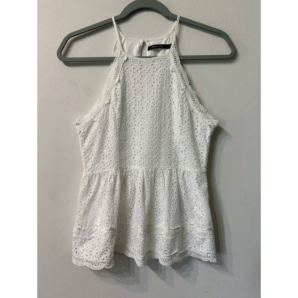 Doe & Rae White Eyelet Lace Halter Peplum Top Sz S Cottagecore Boho Keyhole Back